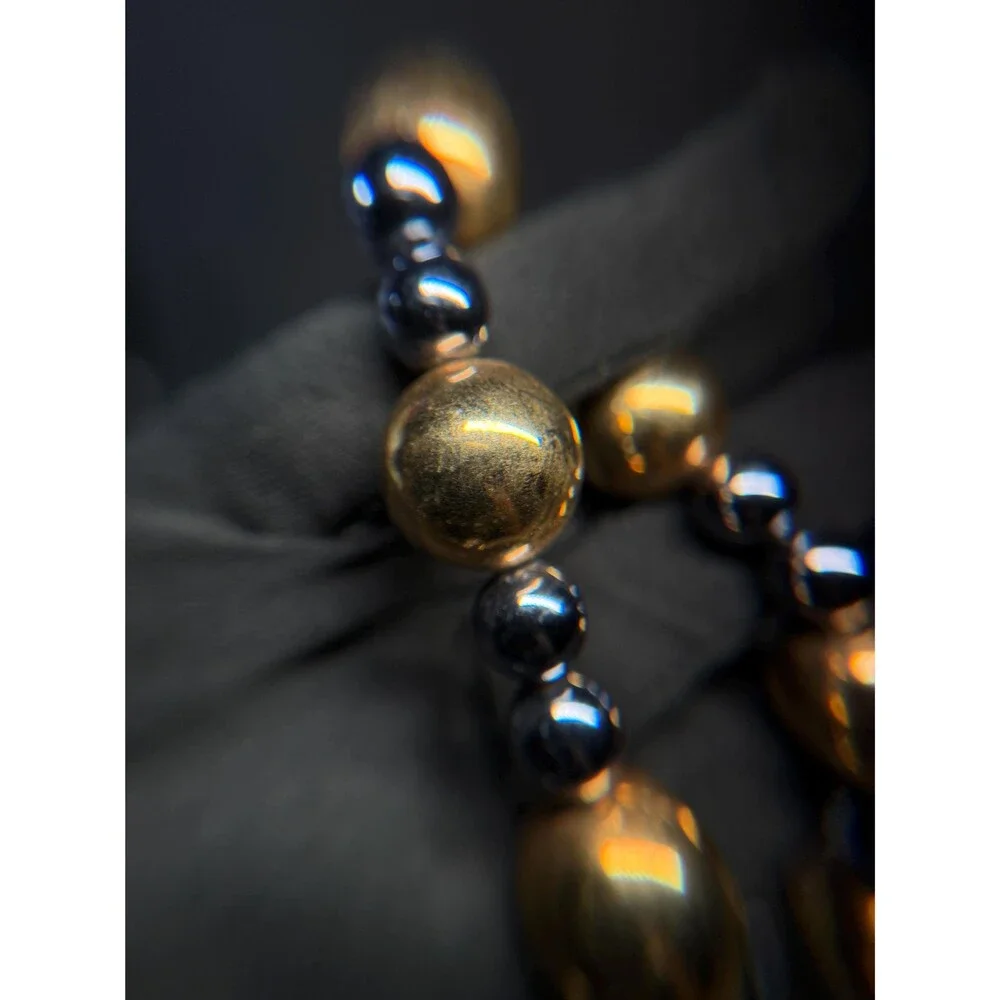 Gold Tone & Gunmetal Beaded Necklace Long Metallic Statement Necklace 41
